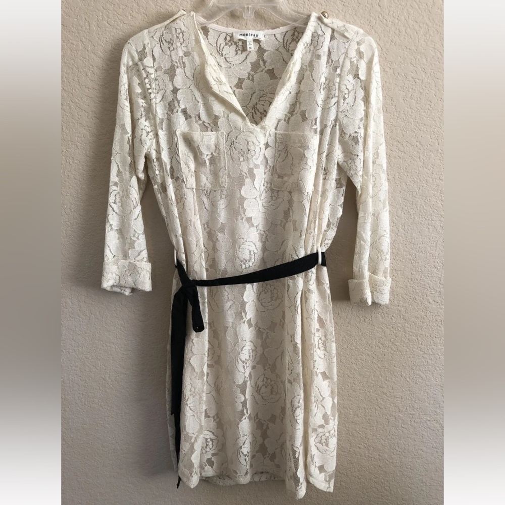 WOMENS MONTEAU IVORY WHITE ALL OVER FLORAL LACE DRESS w/ BLACK TIE BELT MEDIUM